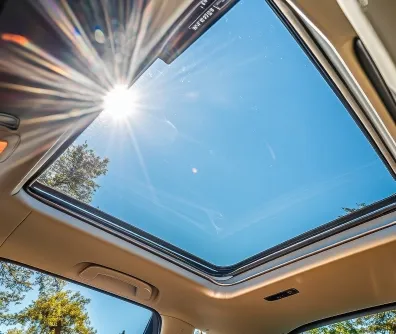 Sol forte atravessando o teto panorâmico de um carro