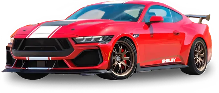 Ford Mustang vermelho personalizado, visto de frente e de lado